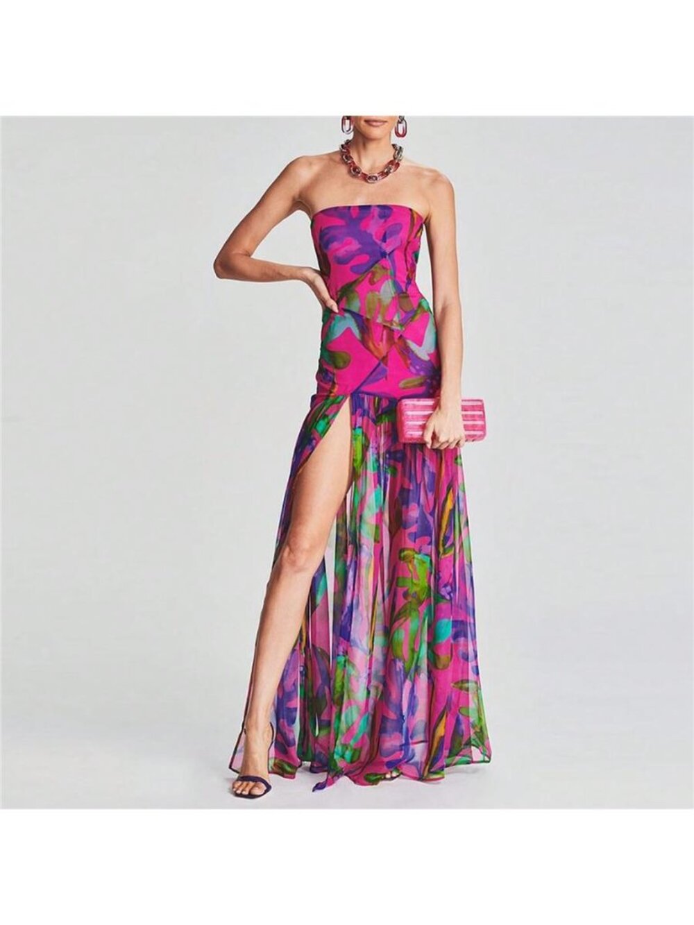 NEW - Women’s Tropical Strapless High Slit Maxi Dress Cruise Glam
